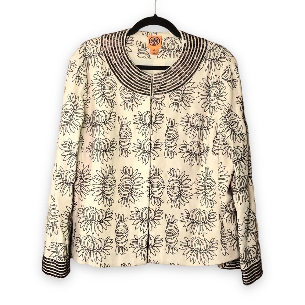 Tory Burch Embroidered Beaded Linen Jacket Tan Size 14 FLAWED